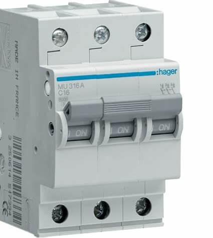 HAGER MU316 A  Interruptor automático modular MCB 3P 6/10 kA C-16 A 3M u x